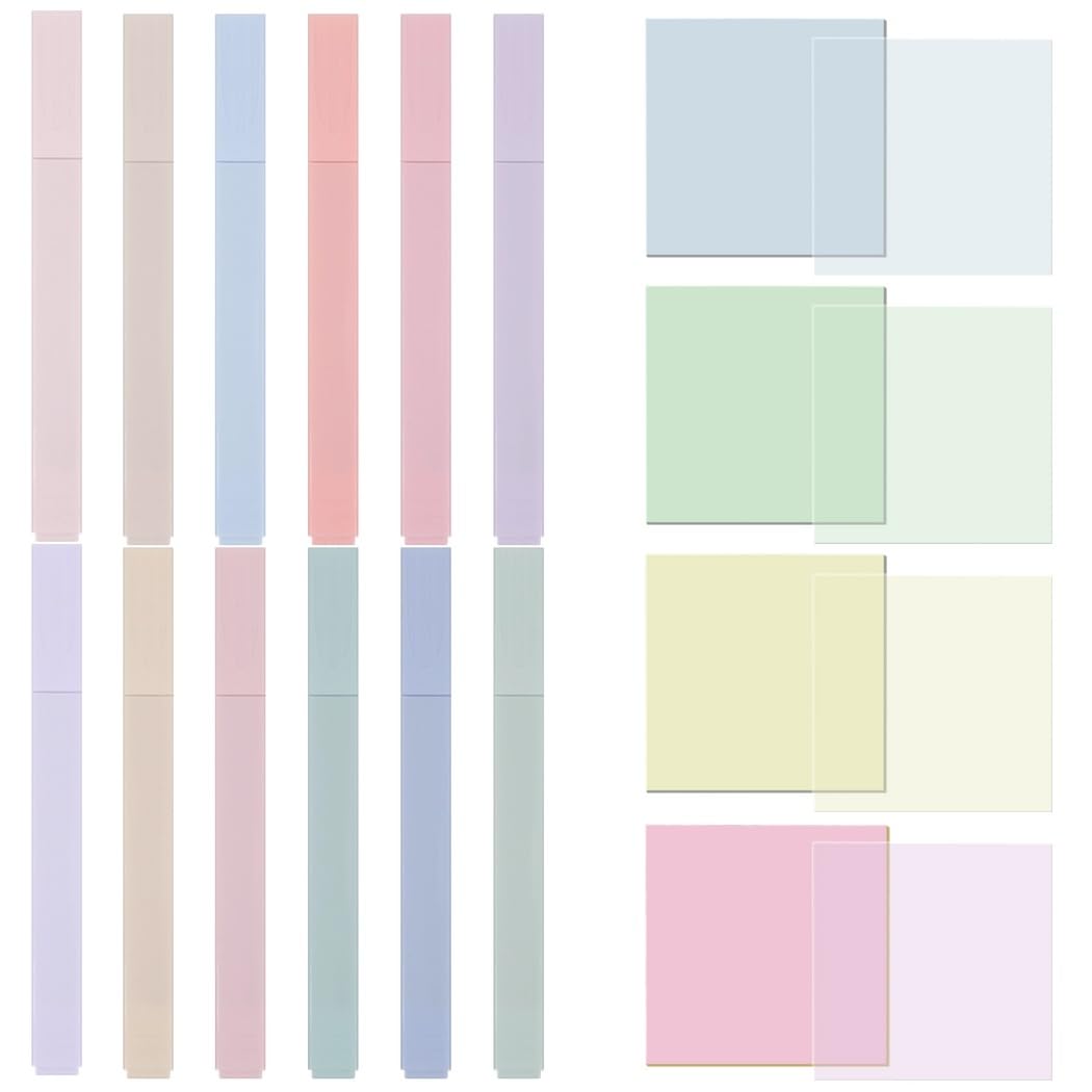 400 Stück Transparente Haftnotizen, Fotoempfindliche Klebenotizen mit 12 Textmarkern, 7,6 x 7,6 cm Wasserfeste Notizzettel zum Schreiben, Entfernbare bunte Haftnotizen