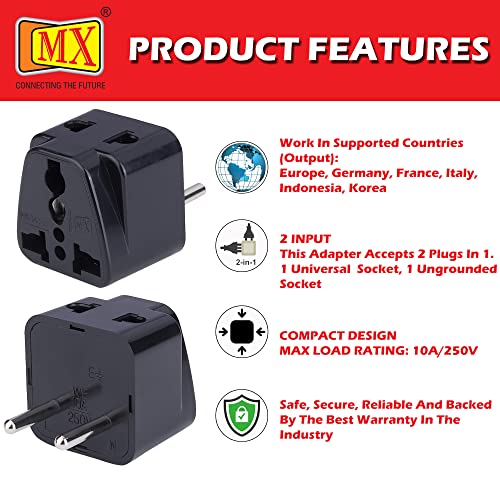 Image of MX Universal Travel Adapter Type C - 5-Pack (Black) | India → Europe, Turkey, Spain, Italy, Indonesia, Korea - Dual USB Charging, Home & Business Use