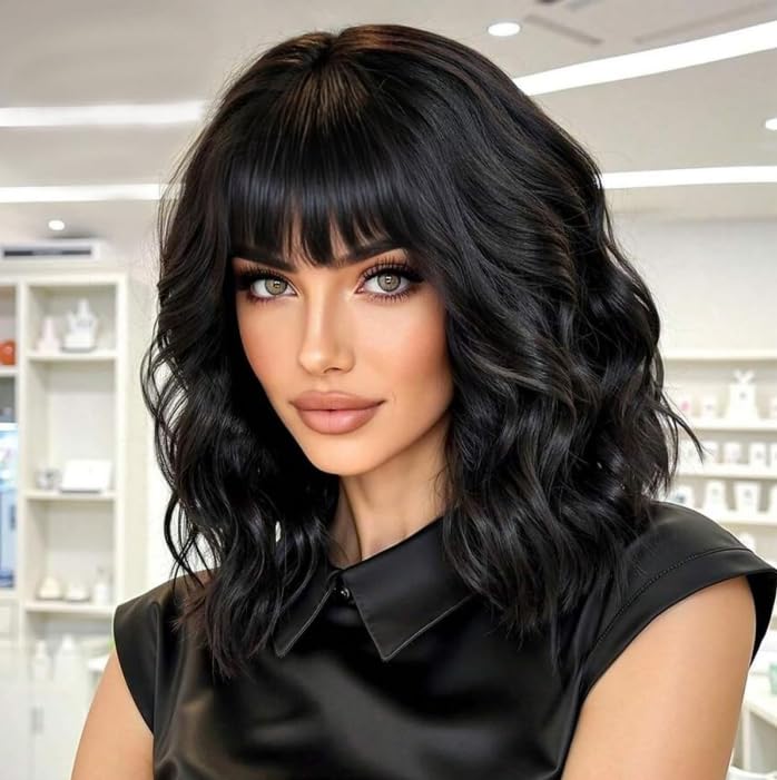 POUWENEY Black Wig with Bangs 14 Inch Long Curly Wavy Wigs for Women Begineer-Friendly Synthetic Wig for Daily Party Holiday Use
