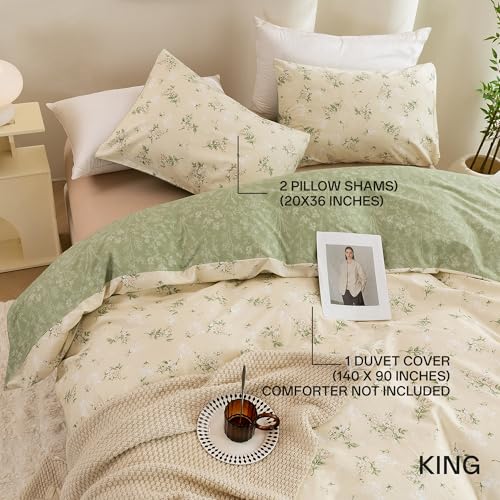 ECOCOTT Duvet Cover King Size - Reversible Green Floral Duvet Cover Set, Ultra Soft & Breathable Comforter Cover with Zipper Closure 4 Ties Bedding Set for Girls and Women