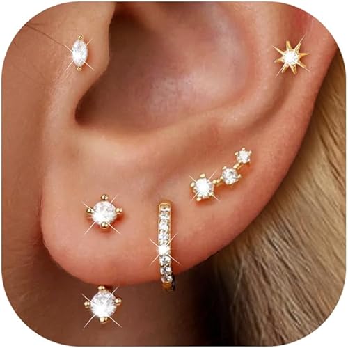 Gold Stud Earrings for Women, 6 Pairs 14K Hypoallergenic Cartilage Earrings for Multiple Piercing, Dainty Small Stackable Gold Earrings Jewelry Set