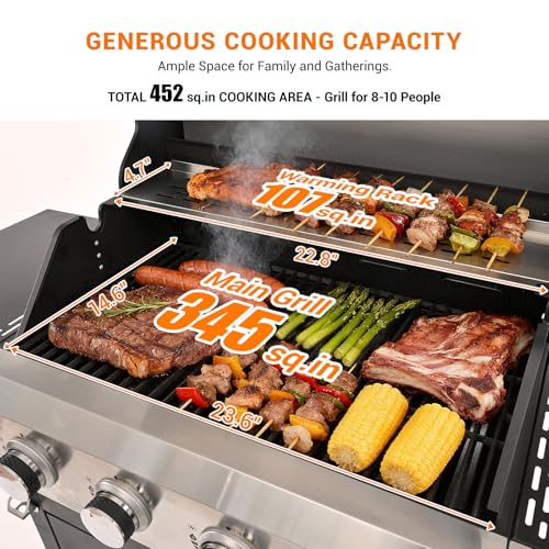 Image of EUHOME 4-Burner Gas Grill with Side Burner & Cover, 51000 BTU Stainless Steel Outdoor BBQ Grill, 452 sq.in Cooking Area, Ideal for Backyard, Patio Large Gatherings
