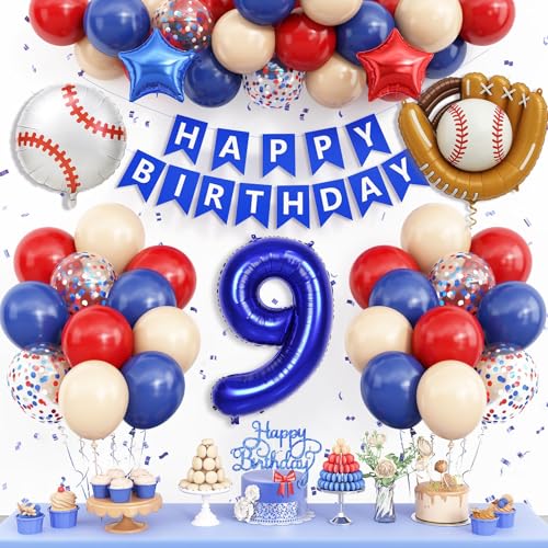 Image of Baseball 9th Birthday Decorations for Boys,9th Party Balloon Navy Blue Red | 40-Inch Number 9 Baseball Glove Foil Balloons Cake Topper Sport Party Supplies for Kids