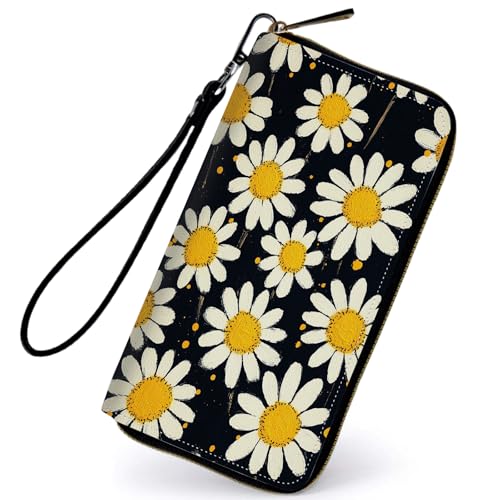 Women's Wallets,PU Leather Wristlet Wallet for Women,Card Holder Organizer Ladies Clutch with Zipper & Phone Holder-White Daisies