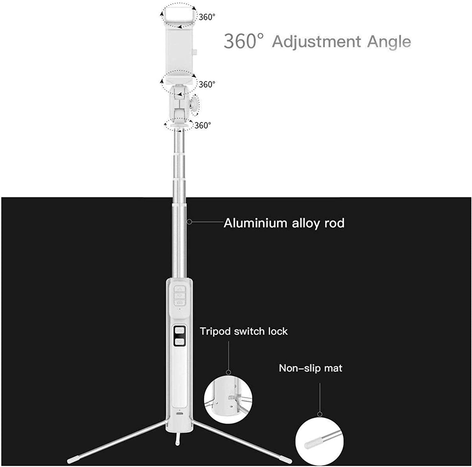 Selfie Stick & Tripod Integrado, Profesional de Todo en uno portátil, Aluminio de Servicio Pesado, Remoto Bluetooth, Pies de trípode sin patrón (Color : Black)