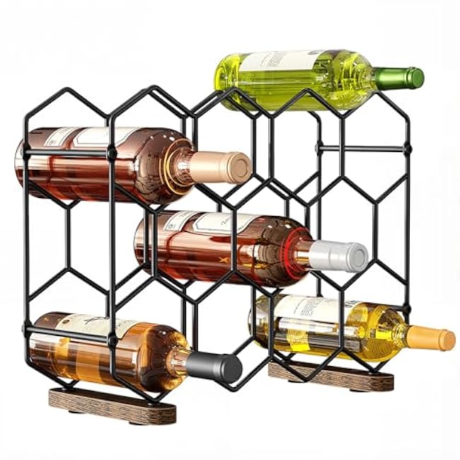 Nuovoware Countertop Wine Rack, 14-Bottle Freestanding Modern Carbon Steel Holder Hexagonal Structure, 3 Tier Tabletop Wine Bottle Organizer Storage for Cabinet, Pantry, Black+Retro Brown