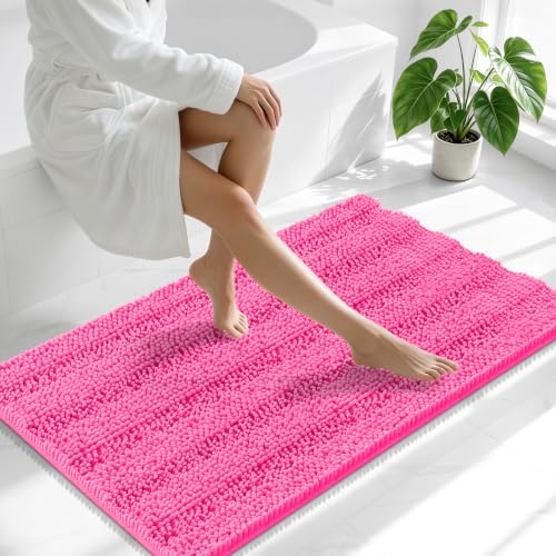 Image of Smiry Thick Chenille Bathroom Runner Rugs 44x24, Extra Absorbent Striped Bath Mat, Machine Washable, Rubber Backing, Long Bath Rugs for Bathroom, Tub & Shower, Home Decor Accessories, Hot Pink