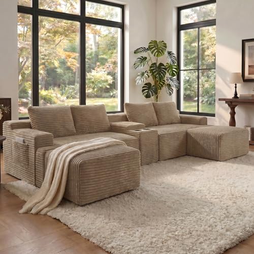 Image of 140 inch Modular Sectional Sofa Couch, Oversized U Shape Cloud Couch with 2 Ottomans, Storage and Cupholders, Corduroy Sofa Boneless Couches for Living Room, No Assembly Required, Camel