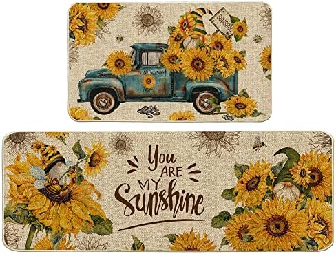 Hexagram Sunflower Kitchen Rugs and Mats Set of 2, Anti Fatigue Kitchen Mats for Floor Non-Slip You are My Sunshine Kitchen Decor Holiday Decorations-17x29 and 17x47 Inch