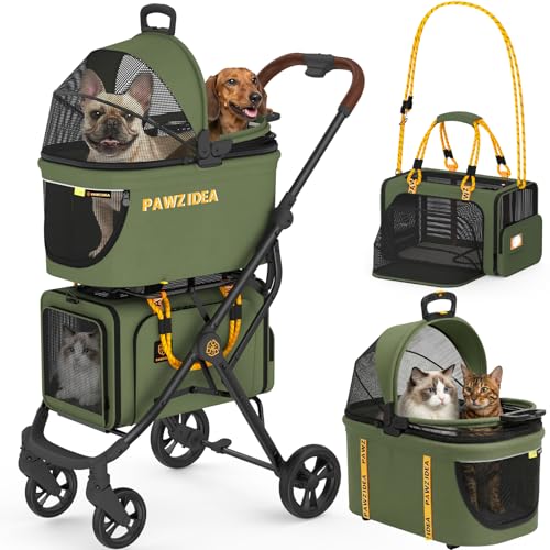 PAWZIDEA Double Pet Stroller with 2 Detachable Carrier for Multiple Pets