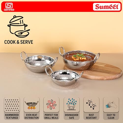 Image of Sumeet ISI Certified Stainless Steel Mini Kadhai for Serving, Tadka - Hammered Kadai, Induction and Gas Stove Friendly, Small Size (Set of 3Pc, 350ml, 550ml, 750ml, Silver)