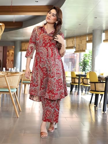 Image of Women's Red Printed A-Line Kurta with Pant Set | Soft Rayon Fabric | Stylish Collar Neck & 3 /4 Sleeves | Kurti Set
