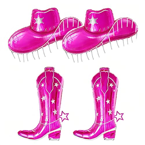 Image of 4Pcs Pink Cowgirl Boot+Hat Foil Balloon /First Rodeo Birthday Decorations Girl /Western Cow Party Decorations /Boots on the Ground Decor /Last Rodeo Party /Disco Girly Pink Western Cowgirl Party