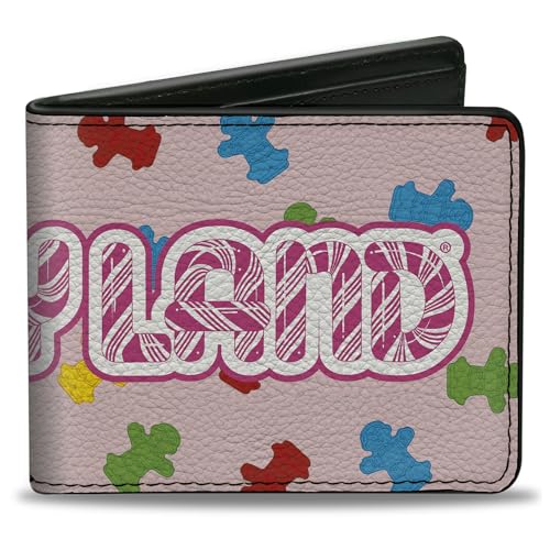 Buckle-Down Candy Land Wallet, Bifold, Candyland Logo and Gingerbread Token Icons Scattered Pink, Vegan Leather