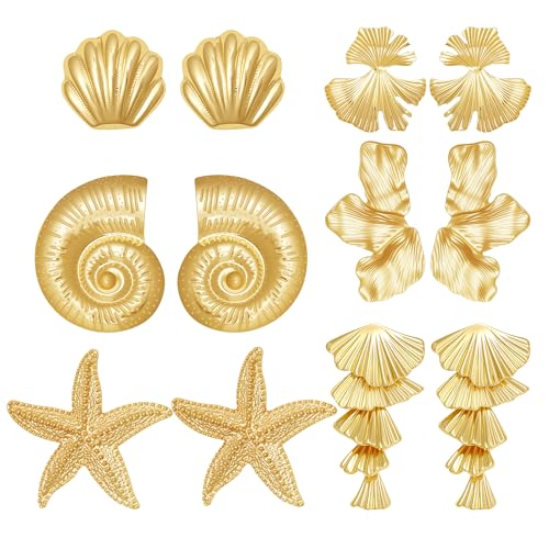6 Pairs Gold Statement Earrings Seashell Starfish Conch Stud Ginkgo Sectored Flower Leaf Drop Earring Vintage Boho Ocean Jewelry Beach Summer Earrings for Women