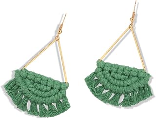 Caiyao 2 Pairs Handmade Bohemian Fan Fringe Tassel Drop Earrings - Boho Statement Woven Dangle Jewelry for Women Girls