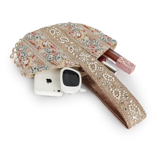 Image of Stylish Embroidery Unique Design Traditional Wedding Party Handheld Potli Bag for Women (Rose Gold)