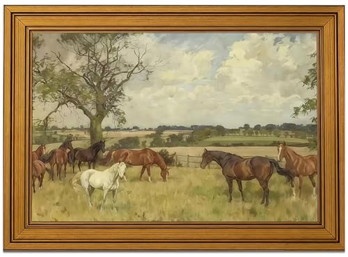 Gold Framed Canvas Wall Art Rustic Horse Painting Picture Wall Decor Countryside herd of horses Poster Prints for Living Room Kitchen Bedroom Home Decoration 12x16in