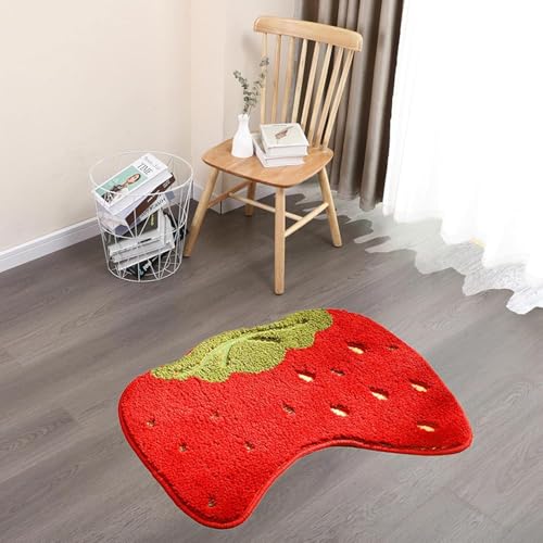 Image of Super Soft Shaggy Bath Mat Anti Skid Cute Absorbent Kids Small Bath Mat Cartoon Fruit Bathroom Rug Non Slip, Cute Bathroom Floor Mat for Home Decor (60 x 40 Cm) (Strawberry)