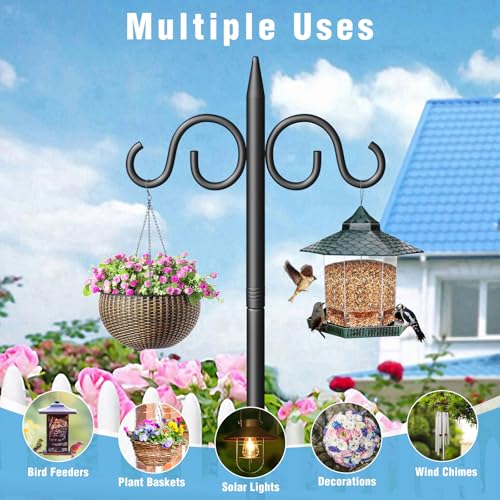 Image of Double Shepherds Hooks for Outdoor, 92 Inch Heavy Duty Bird Feeder Pole with 5 Prongs Base, Adjustable Shepherds Hook for Bird Feeder, Garden, Weddings, Hanging Plant, 1 Pack