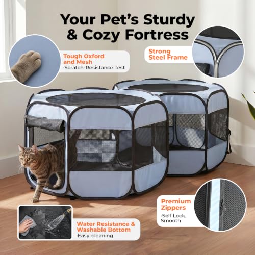 Image of 2-in-1 XLarge Portable Cat Playpen Assembly-Free for Indoor Cats Enclosed Pop Up Dog Play Pen Outdoor Puppy Pet Tent Crate House Condo Kitten Kennel Small Animals Cage(No Divider, Unified Space)