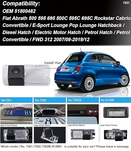 HD 170 Wide Angle Rear View Reverse License Plate Light Backup Camera Compatible with Fiat 500/Abarth 500 2007-2020/Fiat 500C/595C/695C/312C/Linea 2008-2022 - Image 2