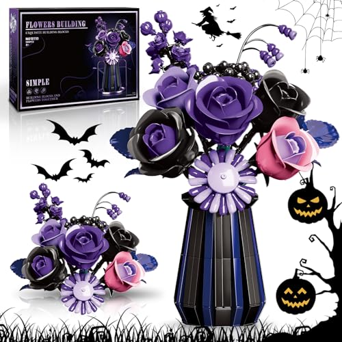 Halloween Purple Black Roses Flowers Bouquet Building Set, Botanical Collection Blocks Artificial Flowers Plant for Adults Women Girlfriend - Gifts for Valentines Birthday Christmas- Gothic Home Decor