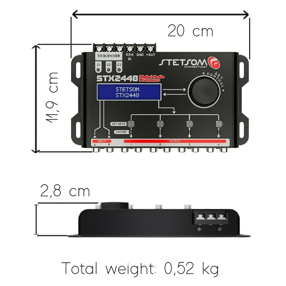 Kit Set para Stetson STX2448 1 Procesador de Audio Digital de 4 Canales, Pantalla LCD, 2 entradas de Audio, 4 Salidas Independientes, para Coche, 1 Pieza