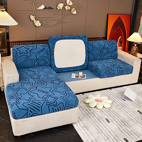 Funda de sofá de esquina de terciopelo elástica azul para proteger salones con mascotas 4