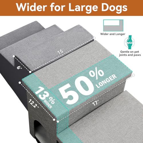 Image of Zerbuger Dog Stairs 23 inch H, 4-Step Wider Dog Steps for High Beds Window, Folding Storage Pet Stairs Gift for Small /Medium /Large Old Dogs Cats, Ramp for Climbing Car Up to 200 lbs (Gray, with Condo)