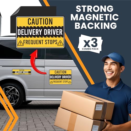 Image of Magnet Me Up Caution Frequent Stops Delivery Driver Automotive Magnet Decal, 3 Pack, Yellow /Black, Two 8x12 inch and One 3x10 inch, Automotive Magnet for Car, Flex Delivery Driver, Crafted in USA