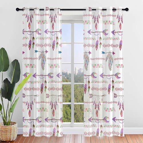 Odot 2 Piezas Cortinas Translucidas con Trabillas, Visillo Salón Modernas con Estampado Plumas Elegantes, Cortinas de Gasa Suave para Ventana Dormitorio Habitación (Bohemio Rosa,132x182cm)