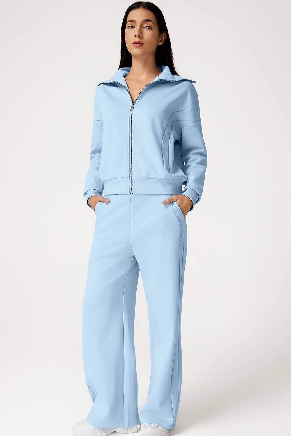 QINSEN Women's Cotton 2 Piece Outfits Lapel Long Sleeve Zip Up Sweatshirt Wide Leg Pants Matching Tracksuit Sets - Image 4