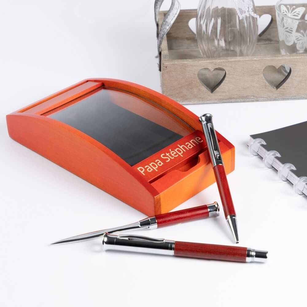 Ocadeau Parure de stylos pour bureau avec gravure - Stylo bille, stylo plume et coupe papier - Coffret en bois à personnaliser avec votre texte gravé