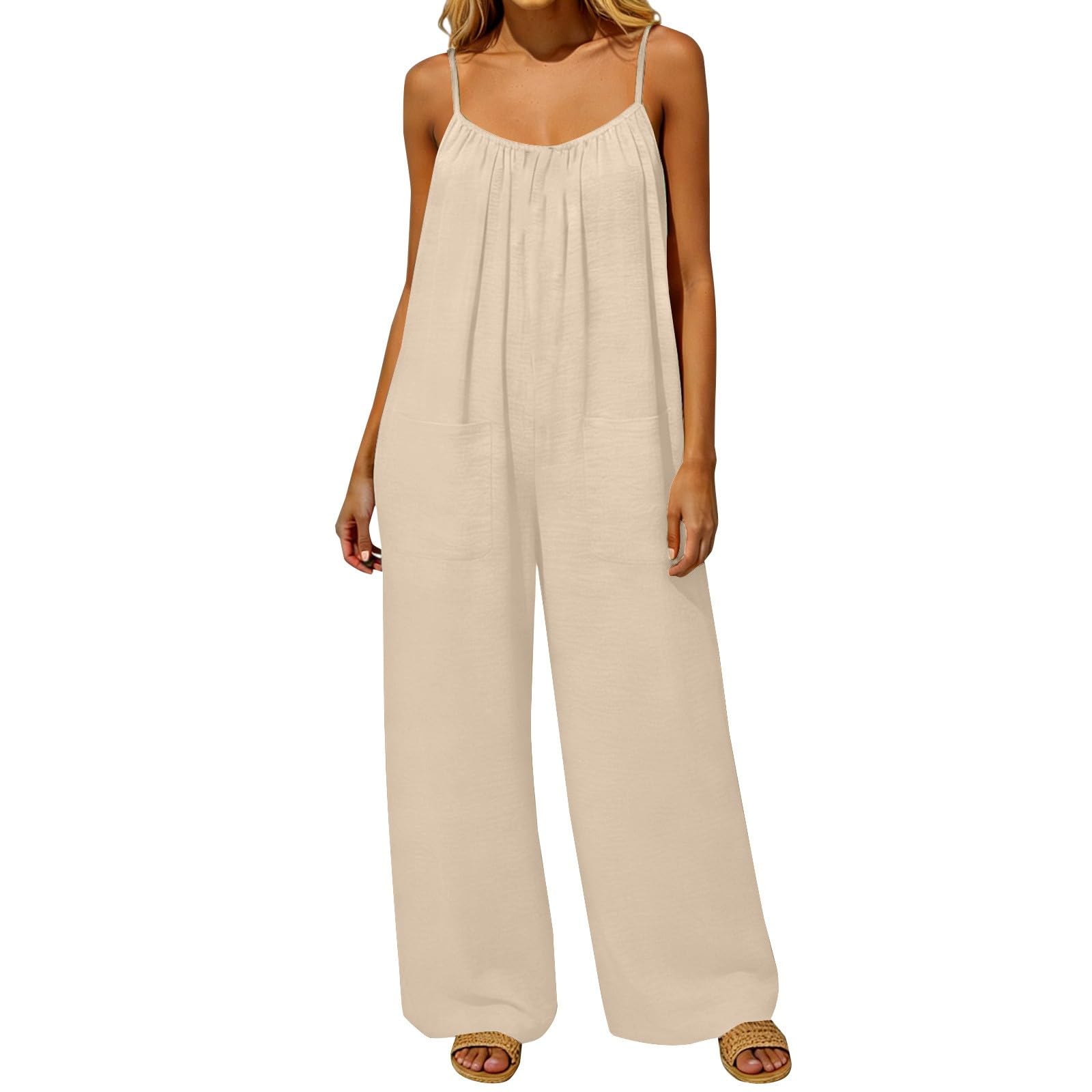 Tuta da donna elegante con spalline sottili, schiena scoperta | Salopette senza maniche, leggera e confortevole, a gamba larga, da lavoro, tinta unita, casual, per le vacanze