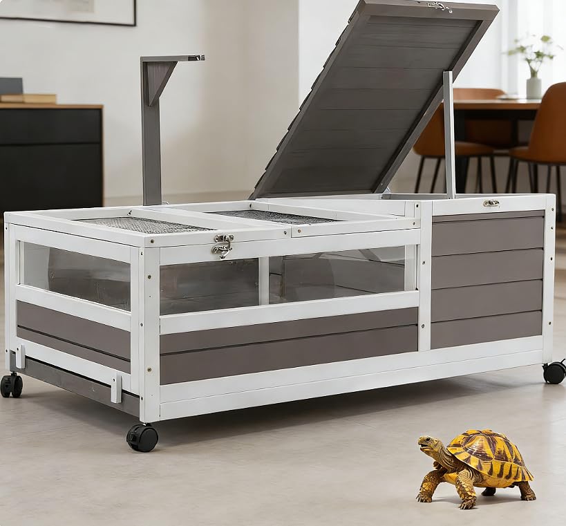 PetsCosset Tortoise Habitat Cage on Wheels with Lamp Stand & Pull-Out Waterproof Tray – Large Wooden Tortoise House, Indoor Outdoor Reptile Enclosure
