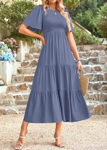 Image of KIRUNDO Summer Dresses for Women 2026 Spring Casual Flutter Short Sleeve Wedding Guest Smocked Flowy Tiered Aline Midi Dress