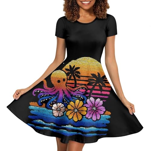 Image of Forchrinse Womens Summer Dresses Casual Hawaiian Octopus Crew Neck Midi Dress Plus Size Short Sleeve A Line Dresses Comfort Beach Sunndress Size S-4XL