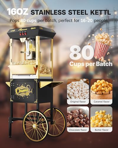 Image of 16 oz Commercial Popcorn Machine with Cart, Large Popcorn Machine Makes Up to 80 Cups, Movie Theater Pop Corn Machine with Easy-Rolling wheels & Stainless-Steel Kettle, Black&Gold