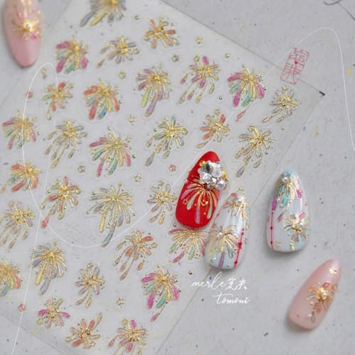 Image of Fireworks Nail Stickers Decals Gold Nail Decals Colorful Jelly Design 5D Embossed Nails Charms Supply for Women Girls Manicure DIY Decoration Accessories