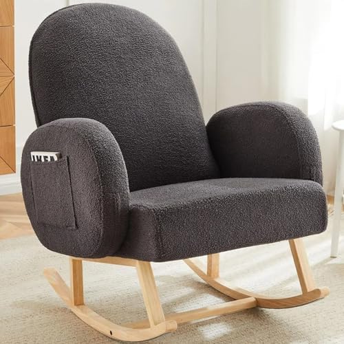 Image of Jocoevol Upholstered Rocking Chair, Glider Chair with Side Pocket, Rocking Accent Chair with Rubber Wood Legs, Wooden Nursery Chair for Living Room, Bedroom, Nursery