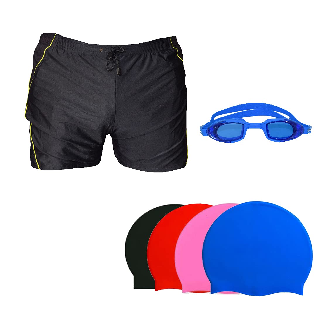 SWIMMING SHORTS V-619 BLACK YELLOW PIPING SIZE 3XL WITH GOGGLES SILICONE IS-PLYR WITH BOX WHITE/BLUE AND 100% SILICONE SWIMMING CAP PLAIN SKY-image-16
