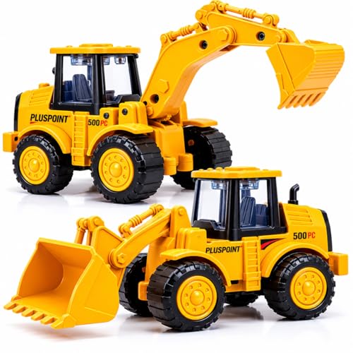 Image of PLUSPOINT Construction Excavator & Bulldozer Toy Vehicles Set for Kids | Friction Powered Push & Go Construction Trucks | Pretend Play Building Vehicle Toys for Boys & Girls Age 3+