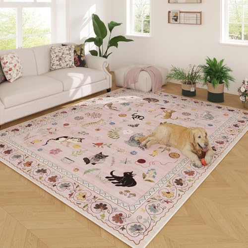 Area Rugs 8x10 Rug for Living Room Clearance Washable Boho Area Rug Non Slip Floral Animal Cat Vintage Low Pile Large Rug for Living Room Bedroom Farmhouse Dining Room Kids Playroom, Pink