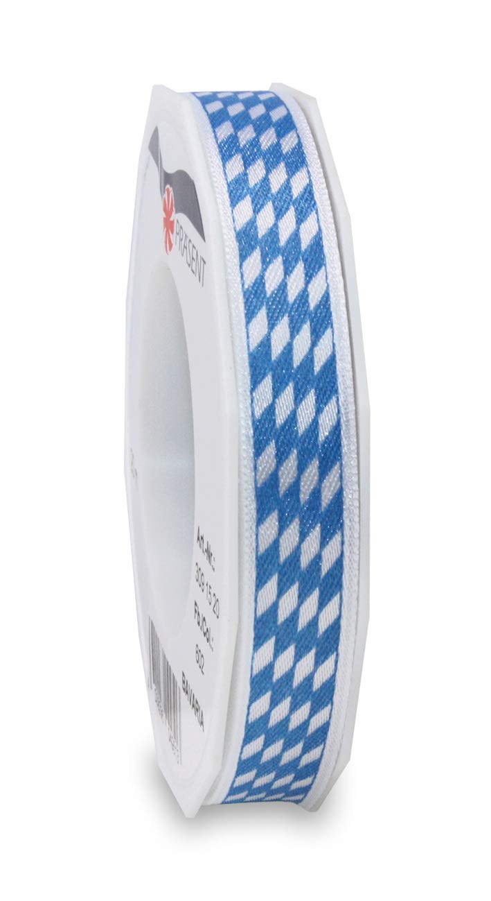Präsent - Bavaria Printed Satin Ribbon White-Blue 15 mm Width, 20 m Length, Yellow, 15mm - 20m
