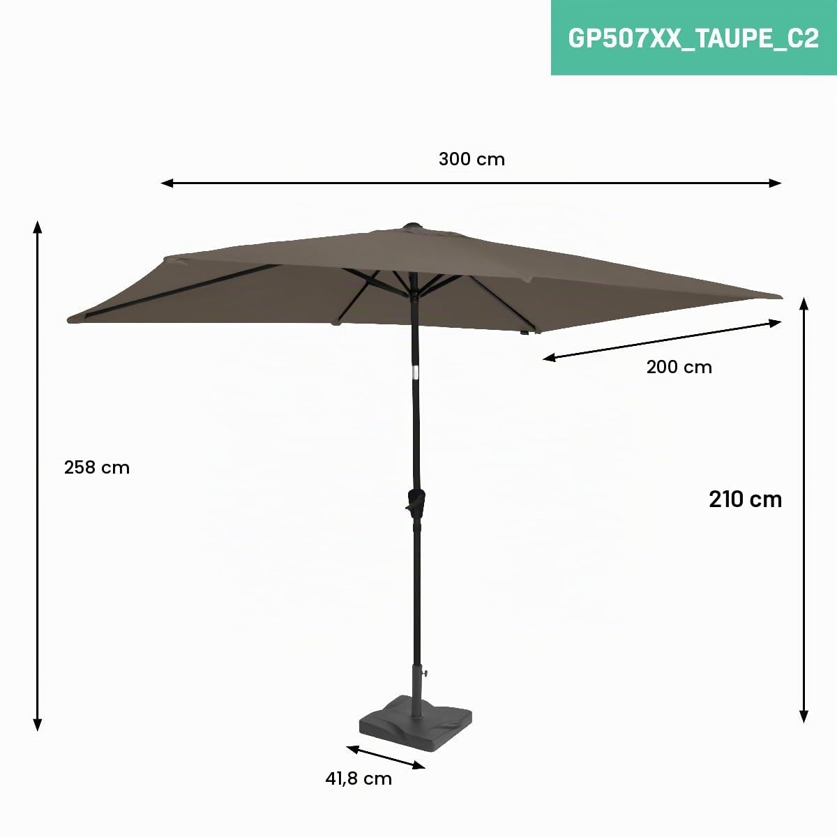 VONROC Sonnenschirm rechteckig 200x300 - Rechteckiger Sonnenschirm für Terasse, Garten, Balkon, Gastro - Knickbar, Kurbel, Wetterfest - Rapallo (Taupe_Set)