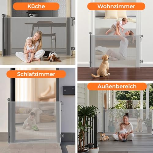 Allyson® Treppenschutzgitter Ausziehbar, Türschutzgitter bis 140 cm Treppengitter für Kinder & Haustiere, Kinderschutzgitter 85 cm Höhe, Haustierschutzgitter Einziehbar, Verstellbar & Stabil – Grau