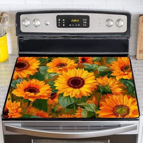 Image of NYZE Stove Cover for Electric and Glass Stove Tops 3-in-1 Stove Mat, Heat Resistant Counter Protector Mat, Non-Slip Surface & Drying Rack (Oil Painting Sunflower, 28.5 inchLx20.5 inchW)