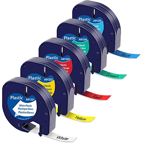 5 Pack Compatible with Dymo LetraTag Tape Plastic Colorful Label Tape-12 mm x 4 m Roll, Multicolour Lable for LT-100H LT-100T XR 200B, Black on White/Yellow/Red/Blue/Green for Dymo LetraTag Refills