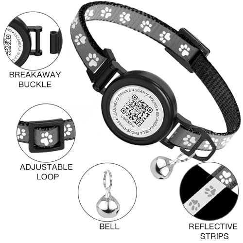 Image of Waterproof Airtag Cat Collar with QR TAG & Reflective, Footprints Pattern, Lightweight Kitten Collar for Apple AirTag, Hidden GPS Tracker Holder for Cats, Kittens (Black)(7-12 inch)
